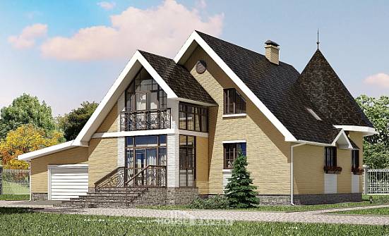 250-001-Л Проект двухэтажного дома с мансардой, гараж, красивый коттедж из теплоблока Белово | Проекты домов от House Expert