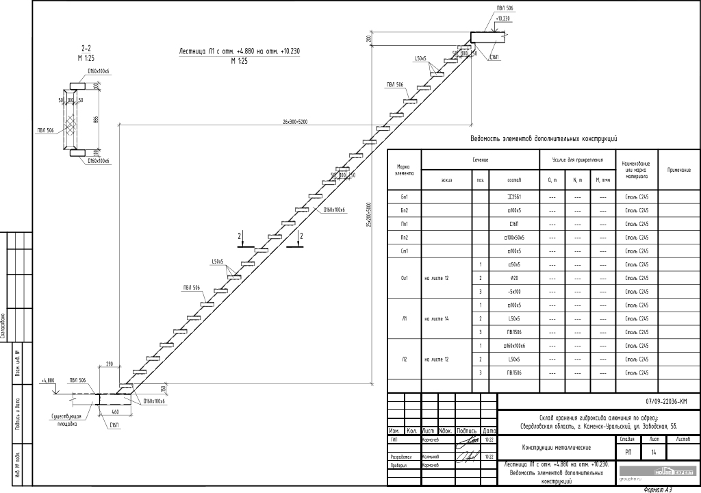Конструкции металлические - Лестница Л1 с отм. +4,88 на отм. +10,230. Ведомость элементов дополнительных конструкций