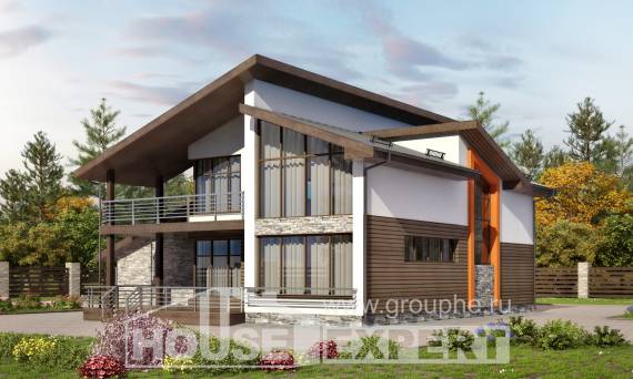 200-010-П Проект двухэтажного дома с мансардным этажом, гараж, средний коттедж из блока Полысаево, House Expert